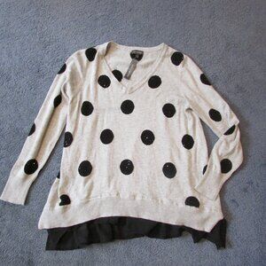 NWT The Limited XL Gray Black Rhinestone Chiffon Bottom Thin Knit Sweater VNeck